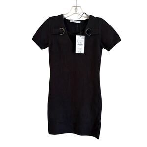 NWT Zara Black Mini Sweater Dress Short Sleeve Wool Blend Size M Grunge Goth